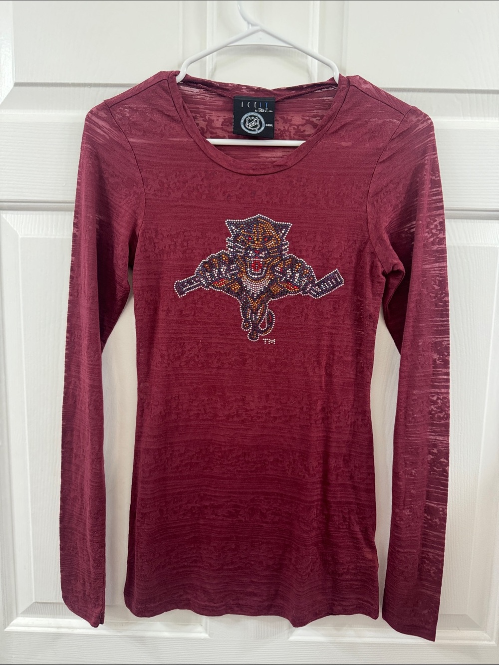 NHL Women's Long Sleeve Tee Burgundy with Panther Rhinestone Logo